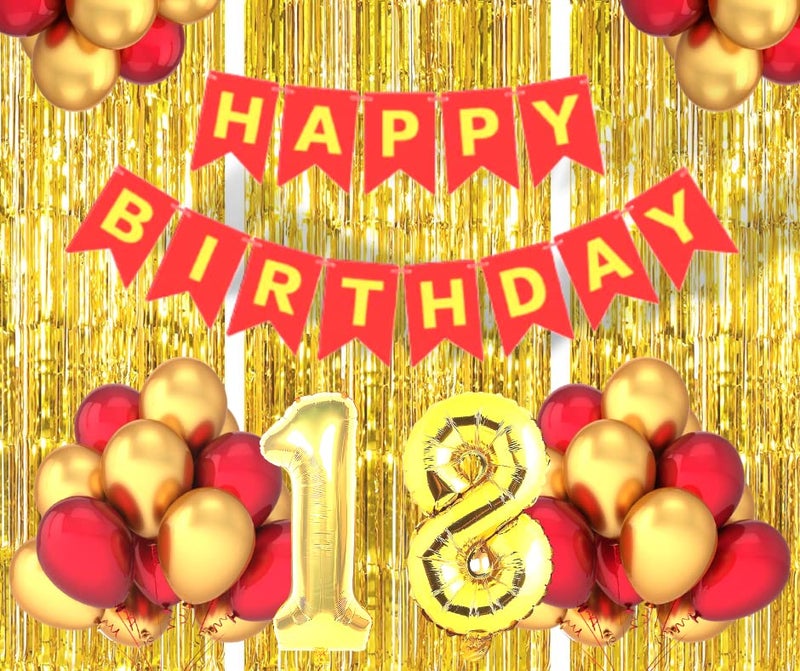 Flyloons 18th Birthday Decoration items for Girls Boys Husband Wife Valentine with Gold and Red Balloons, Red Happy Birthday Banner, Golden Foil curtains, Foil Balloon number 18 - Image 3