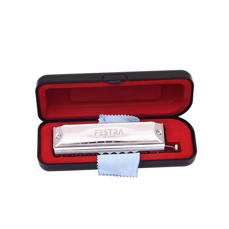 FESTRA R-1009 Advanced Chromatic Harmonica - 10 Holes 40 Tones with Scale Changer, Perfect for Adults, Professionals, and Students (Silver) - Image 1