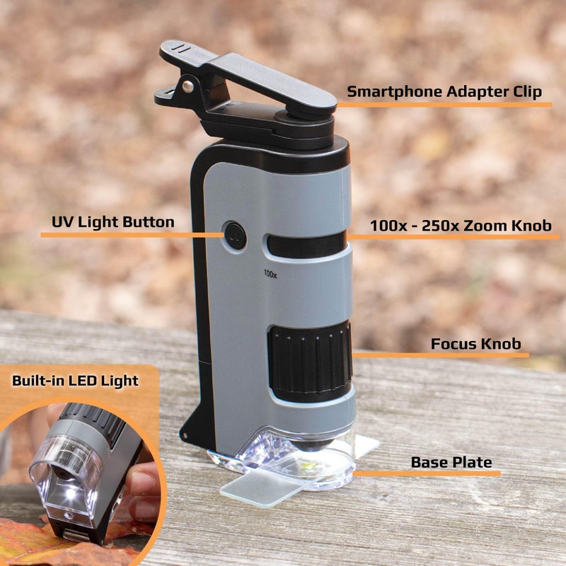Carson Carson MicroFlip 100x-250x, LED UV Pocket Microscope with Smartphone Clip, STEM Education (MP-250)  - Image 5