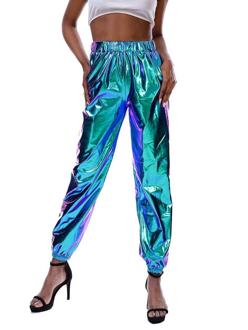 SIAEAMRG Womens Shiny Metallic High Waist Stretchy Jogger Pants, Wet Look Hip Hop Club Wear Holographic Trousers Sweatpant (Blue, L) - Image 1