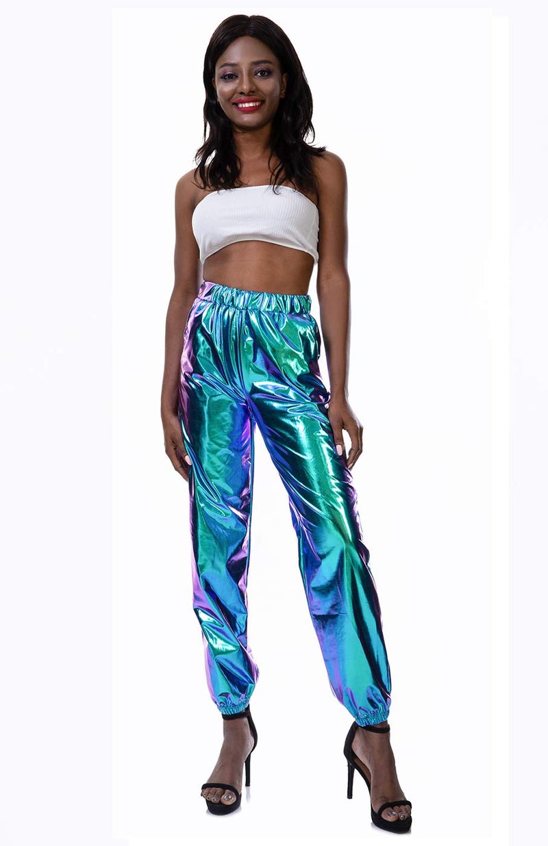 SIAEAMRG Womens Shiny Metallic High Waist Stretchy Jogger Pants, Wet Look Hip Hop Club Wear Holographic Trousers Sweatpant (Blue, L) - Image 4