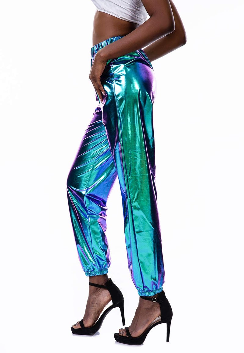 SIAEAMRG Womens Shiny Metallic High Waist Stretchy Jogger Pants, Wet Look Hip Hop Club Wear Holographic Trousers Sweatpant (Blue, L) - Image 2