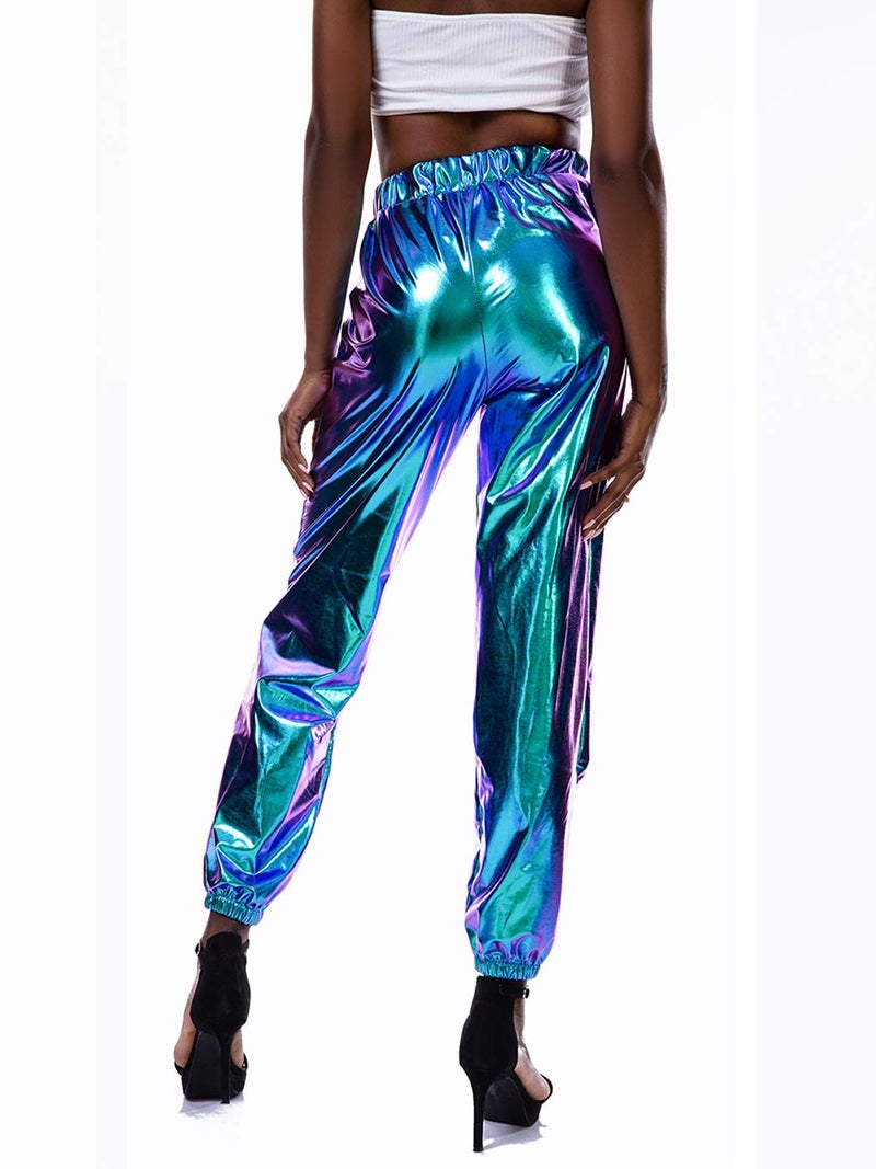 SIAEAMRG Womens Shiny Metallic High Waist Stretchy Jogger Pants, Wet Look Hip Hop Club Wear Holographic Trousers Sweatpant (Blue, L) - Image 3