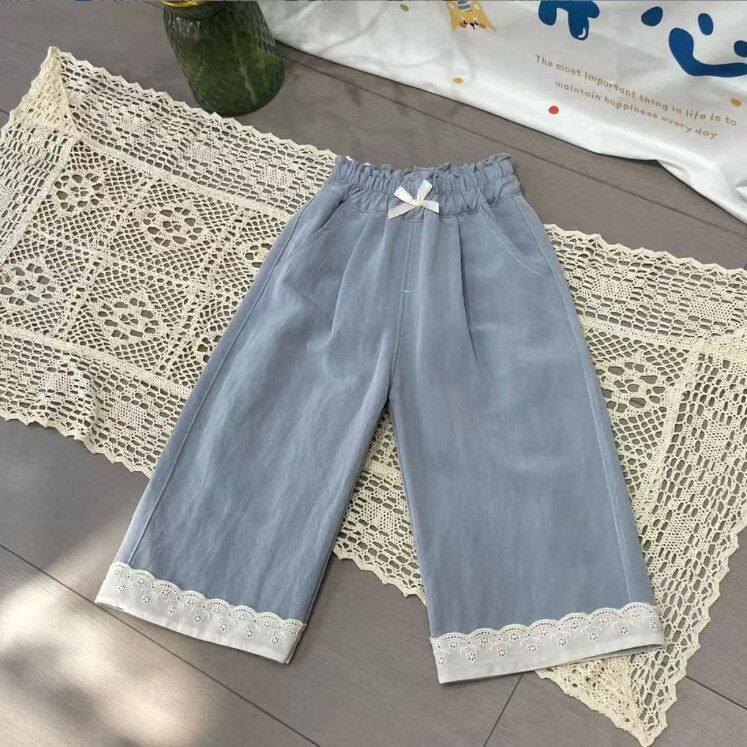 Girls Summer Loose Straight Pants with Bow and Lace, Korean Style - Image 2