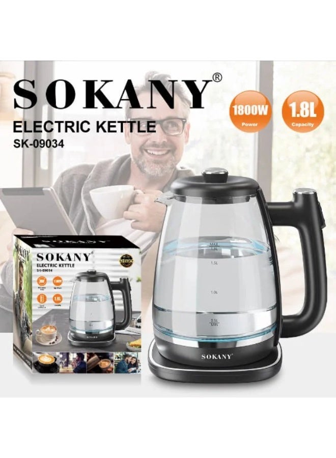 Sokany 1.8L 1800W Glass Kettle. High borosilicate glass body. Automatic shut-off when boiling. Ensures safety and ease of use. Automatic shut-off when water runs out: protects the appliance from damage. -SK-09034 - Image 1