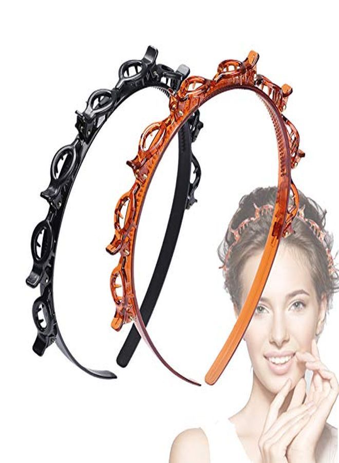 JASSINS Ouble Bangs Hairstyle Hairpin Headband,Jassins Professional Weave Bangs Clip, Twist Clip Headband With Toothed Headband Braid Tool, Women Girls Fashion Hair Accessories (Black And Brown) - Image 1