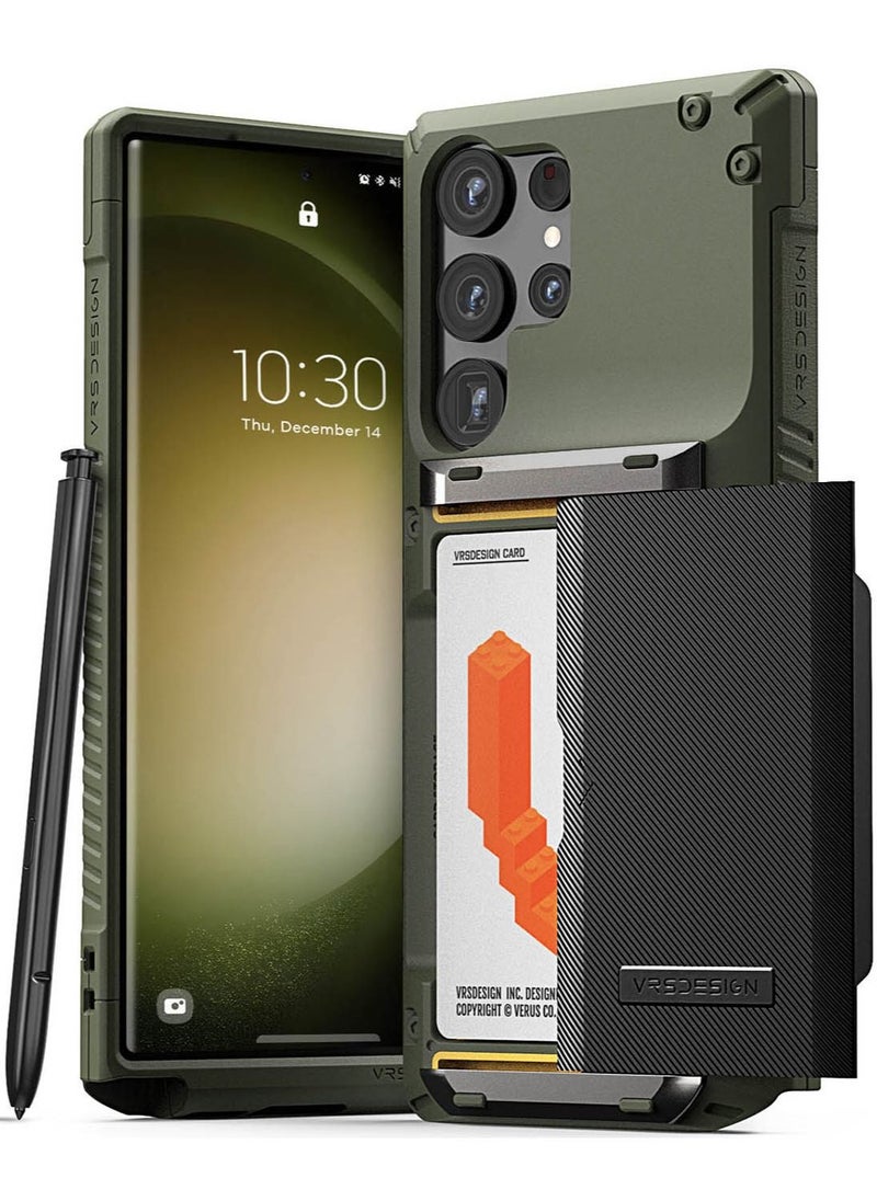 VRS Design Damda Glide Pro Samsung Galaxy S23 ULTRA Case Cover Wallet with Semi Automatic Credit Card Holder Slot [3-4 Cards] - Green Groove  - Image 1