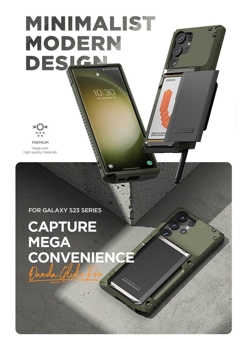 VRS Design Damda Glide Pro Samsung Galaxy S23 ULTRA Case Cover Wallet with Semi Automatic Credit Card Holder Slot [3-4 Cards] - Green Groove  - Image 3