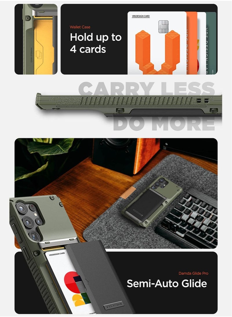 VRS Design Damda Glide Pro Samsung Galaxy S23 ULTRA Case Cover Wallet with Semi Automatic Credit Card Holder Slot [3-4 Cards] - Green Groove  - Image 2
