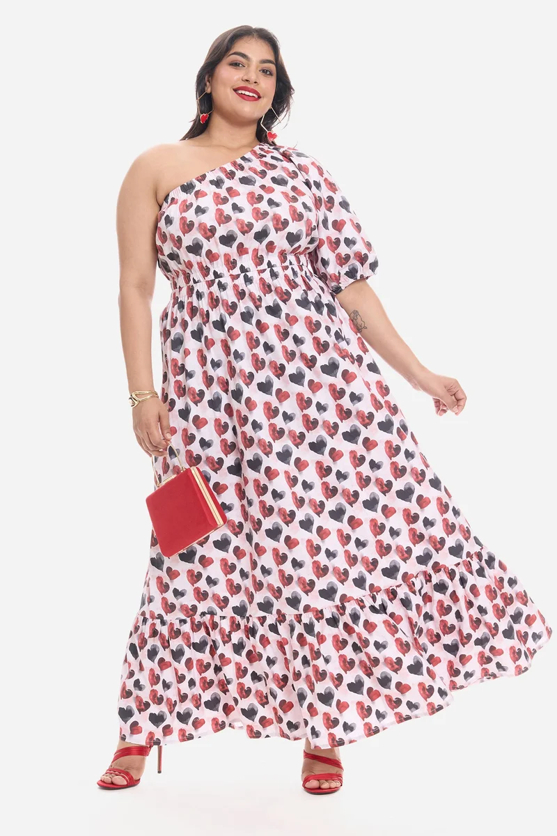 فيرجيو Floral Cotton One Shoulder Maxi Plus Size Dress for Women