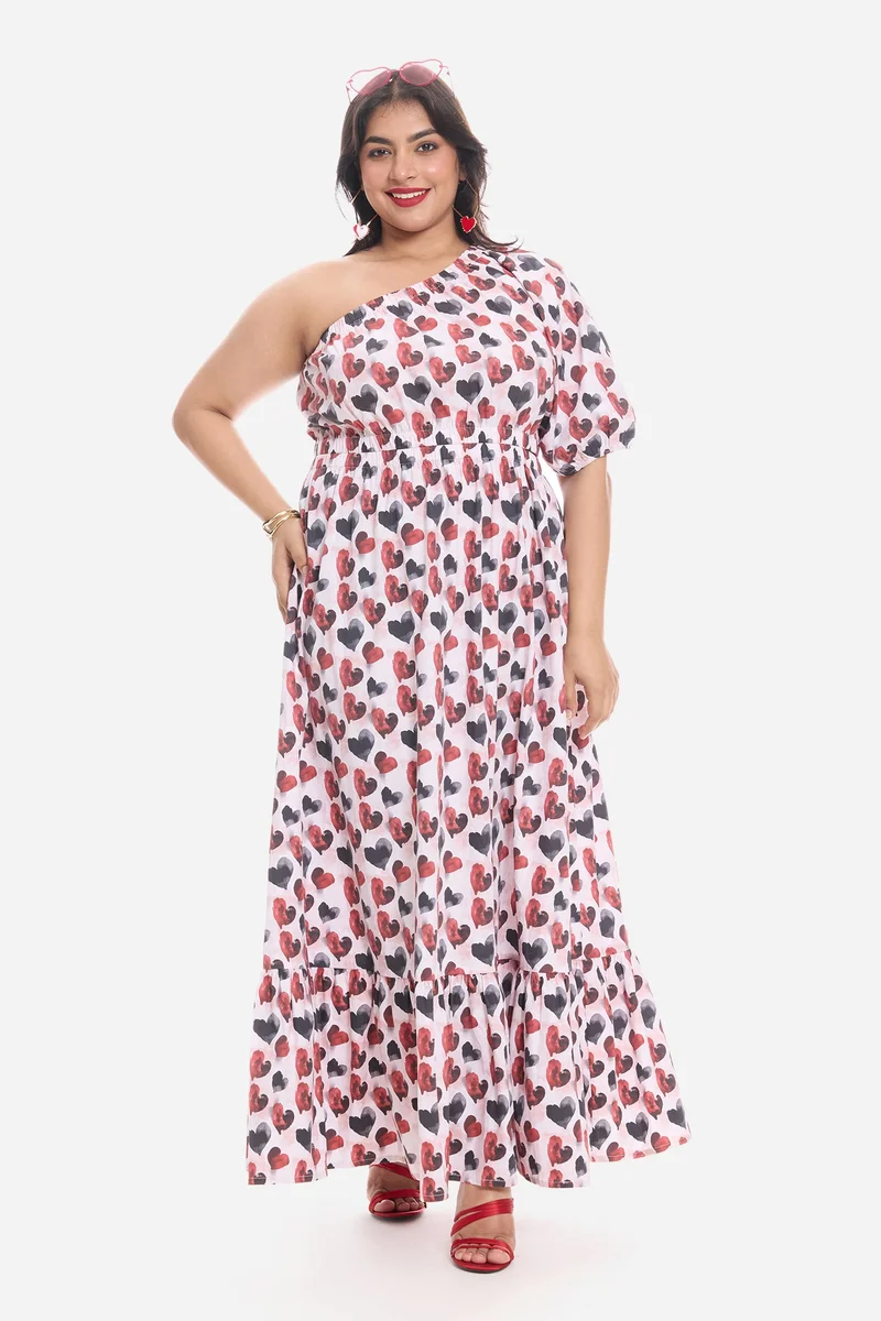 فيرجيو Floral Cotton One Shoulder Maxi Plus Size Dress for Women