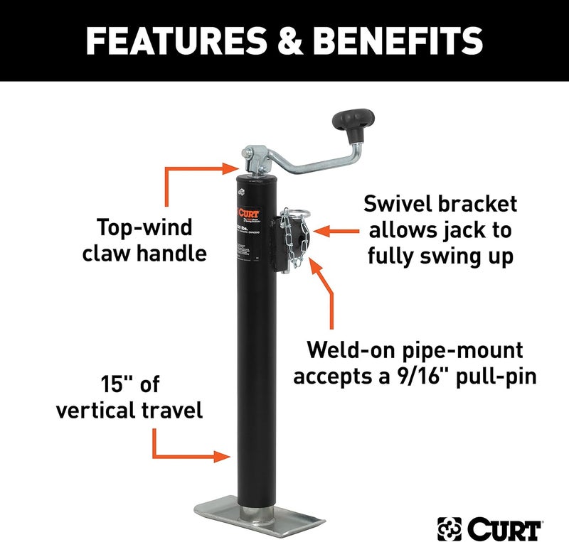 CURT 28322 Weld-On Pipe-Mount Swivel Trailer Jack, 2000 lbs Capacity, 15 Inches Vertical Travel - Image 3
