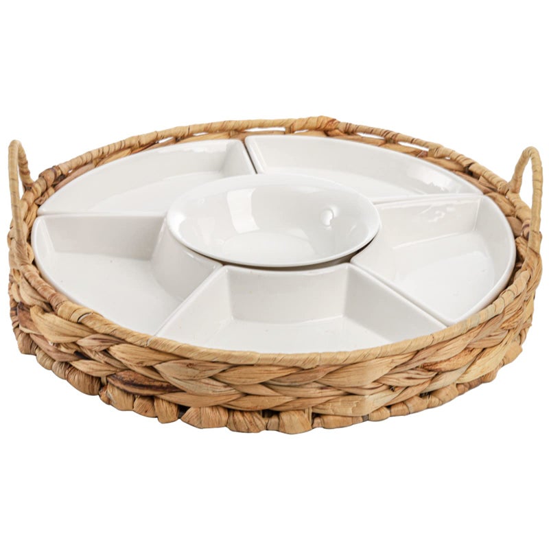 AVLA Ceramic Divided Serving Dishes Porcelain Relish Tray Party Appetizer Platter 6 Removable Snack Bowls with Cattail Basket for Chips and Dips Candy Nut Condiment Veggie Portable Handle