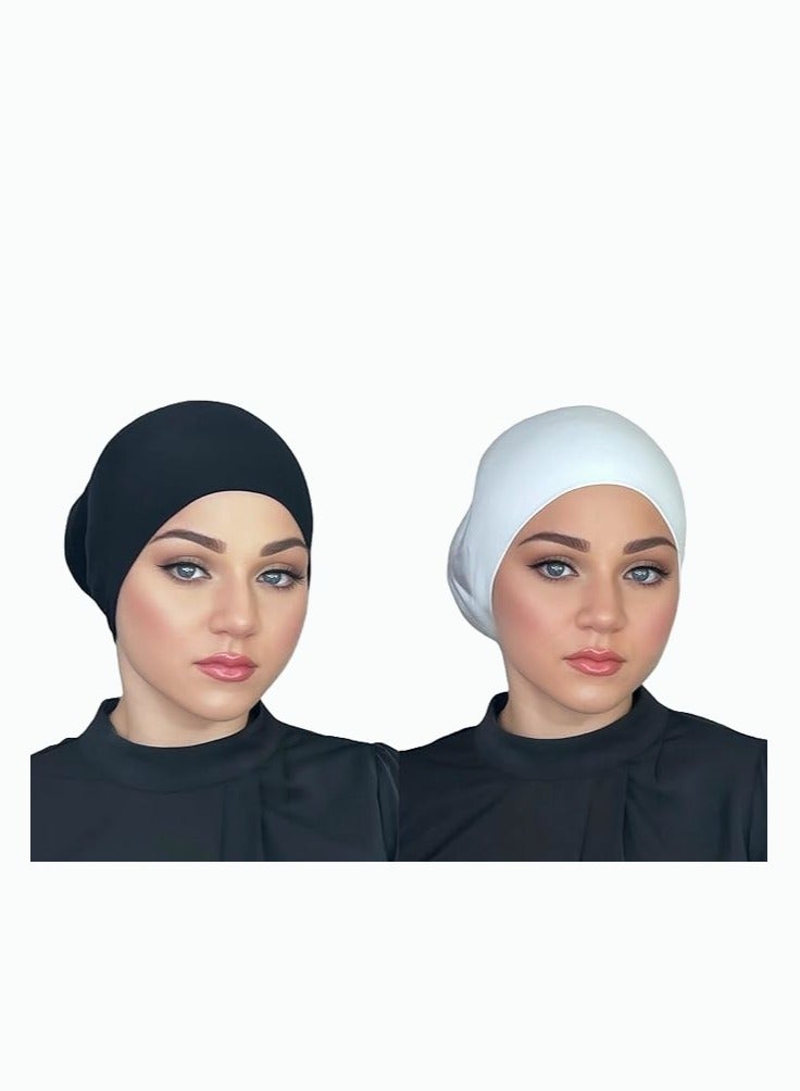 PERFECTORY Jersey Bonnet Tube Caps Under Scarf Head Wraps for Women Turban Hat Lightweight and Comfortable-Black & White