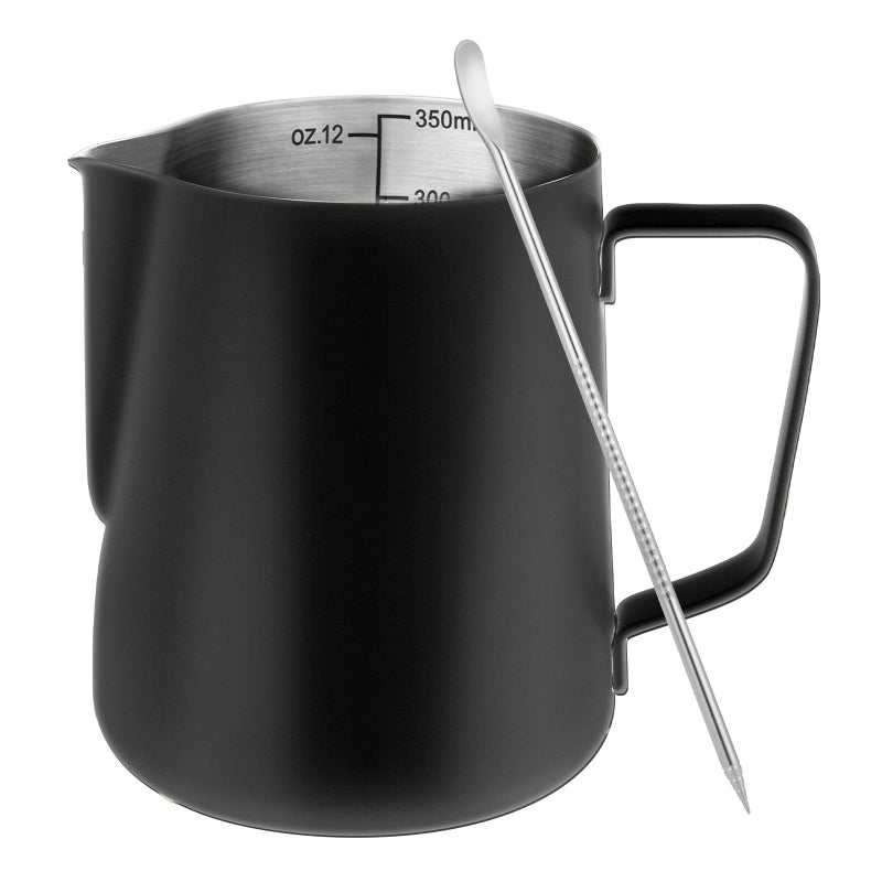 Amrules Milk Frothing Pitcher 12oz Milk Frother Cup with Clear Scale 304 Stainless Steel Cappuccino Espresso Machine Accessories for Barista Coffee Bar with Latte Art Pen Black