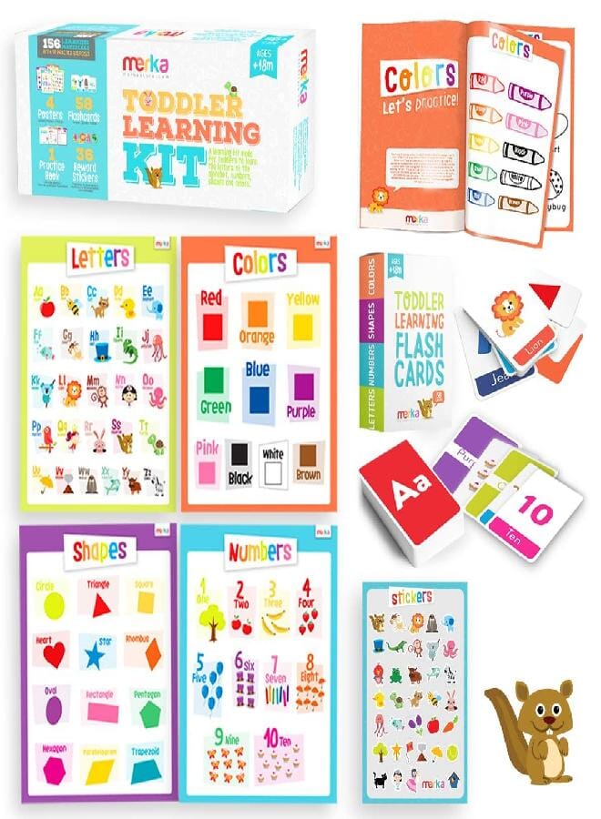 merka merka Toddler Flash Cards ABC Flash Cards Toddler Learning Flash Cards Preschool Homeschool Curriculum Kit Practice Book Sticker Set and Posters Learning Letters Numbers Shapes and Colors - Image 1