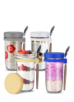 4 Pack 600ml Overnight Oats Jars with Lids & Spoons, Reusable Glass Overnight Oats Container With Measurement Marks, Food Storage For Breakfast Pots, Oatmeal Container For Milk, Cereal, Fruit