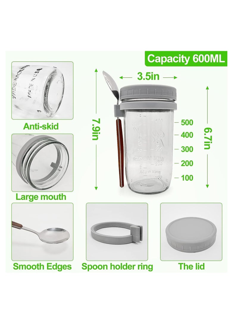 Premify - 4 Pack 600ml Overnight Oats Jars with Lids & Spoons, Reusable Glass Overnight Oats Container With Measurement Marks, Food Storage For Breakfast Pots, Oatmeal Container For Milk, Cereal, Fruit - Image 1