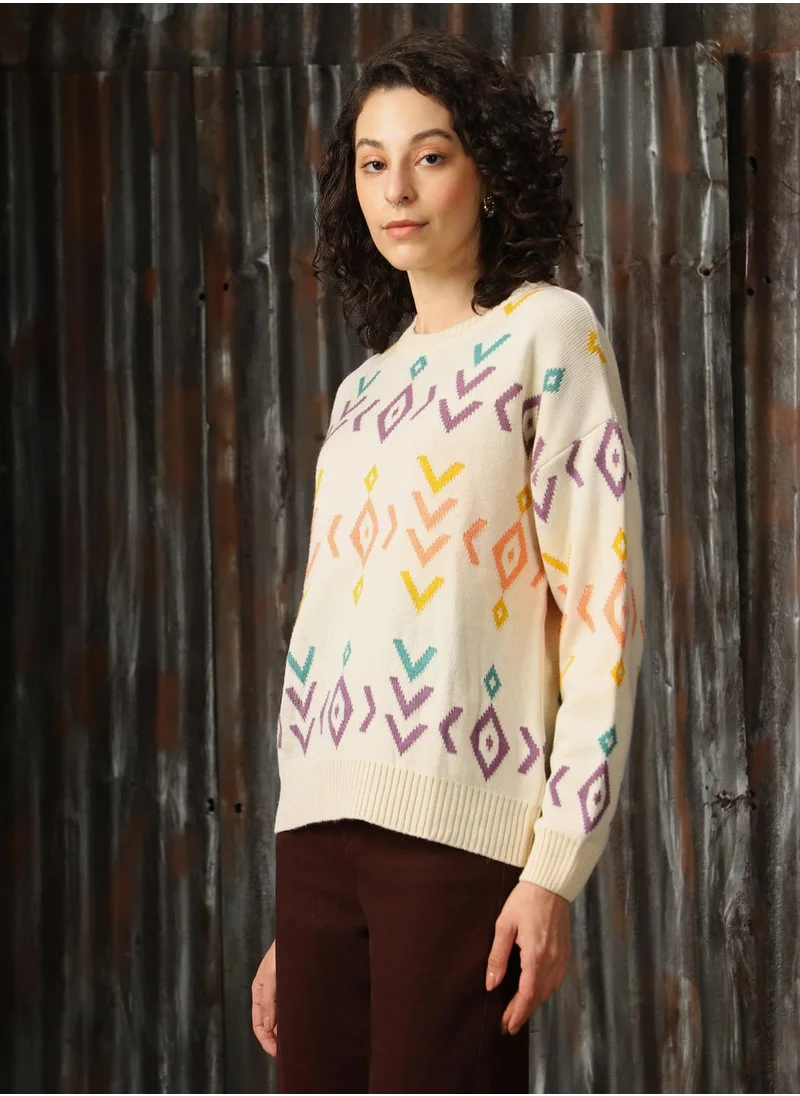 هاي ستار Women's Off White 100% Acrylic Solid Regular Fit Sweater