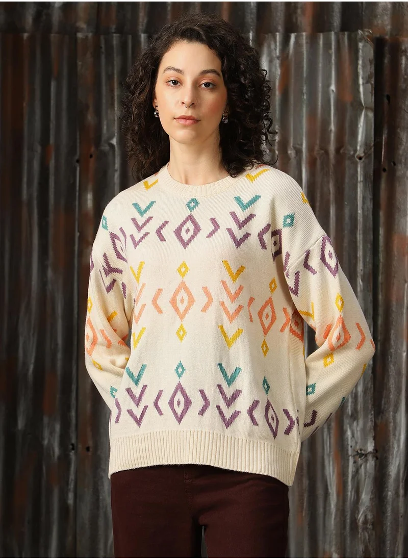 هاي ستار Women's Off White 100% Acrylic Solid Regular Fit Sweater