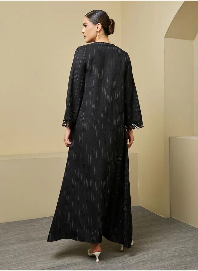 Styli Striped Regular Fit Abaya with Lace Trim Detail