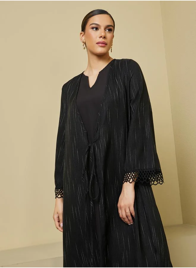 Styli Striped Regular Fit Abaya with Lace Trim Detail