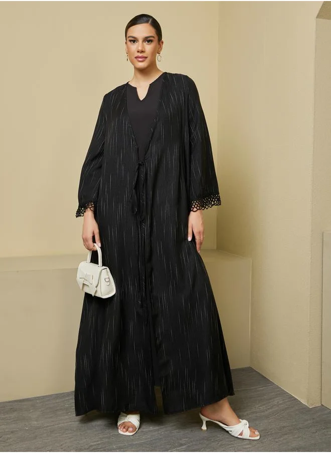 ستايلي Striped Regular Fit Abaya with Lace Trim Detail