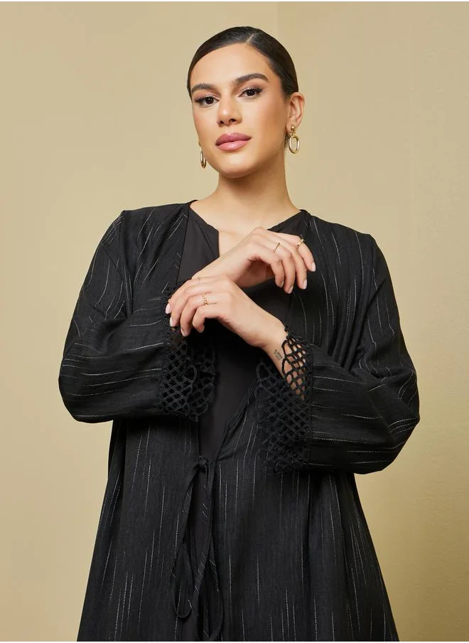 Styli Striped Regular Fit Abaya with Lace Trim Detail