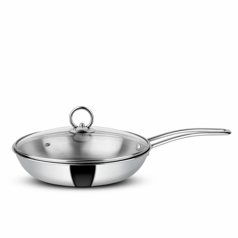 Orange Triply Stainless Steel Fry Pan 1.1L Capacity with Riveted Cast Long Handle with Glass Lid | 20 cm Diameter | Heavy Bottom | Gas Stove and Induction Bottom Friendly | 5 Year Warranty. - Image 1