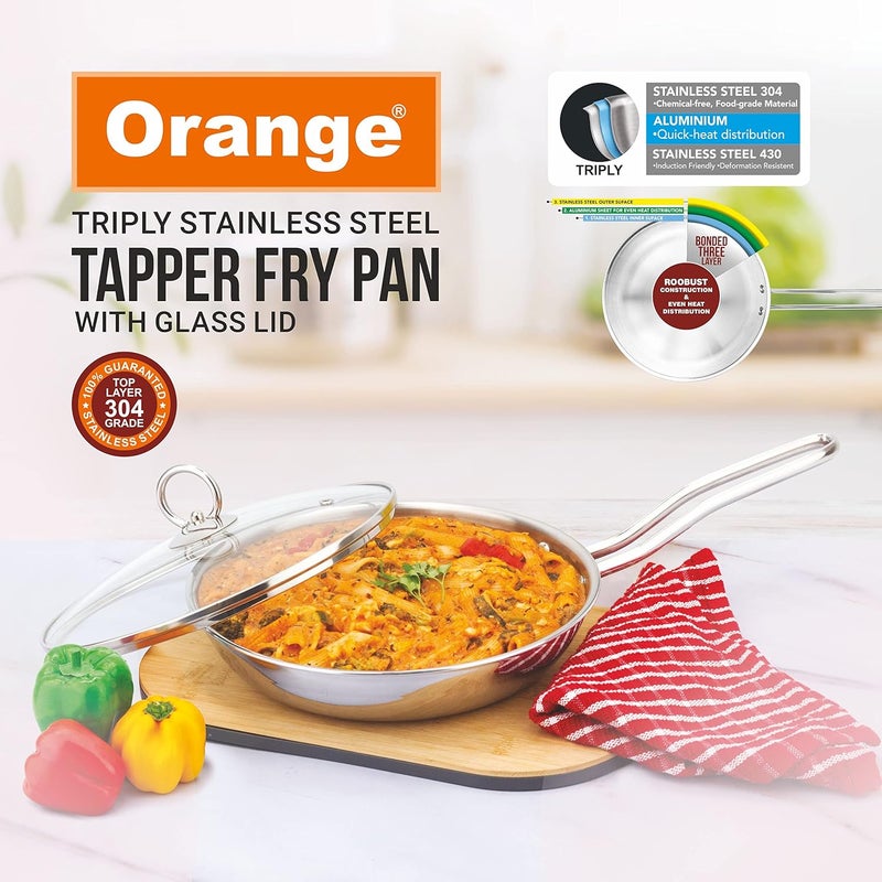 Orange Triply Stainless Steel Fry Pan 1.1L Capacity with Riveted Cast Long Handle with Glass Lid | 20 cm Diameter | Heavy Bottom | Gas Stove and Induction Bottom Friendly | 5 Year Warranty. - Image 2