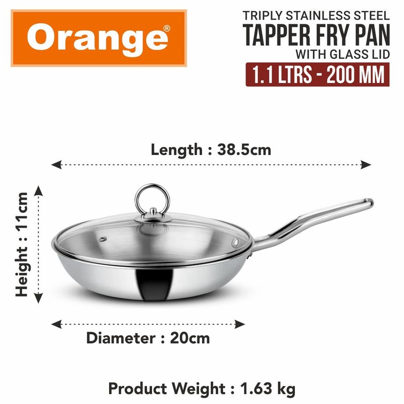 Orange Triply Stainless Steel Fry Pan 1.1L Capacity with Riveted Cast Long Handle with Glass Lid | 20 cm Diameter | Heavy Bottom | Gas Stove and Induction Bottom Friendly | 5 Year Warranty. - Image 4