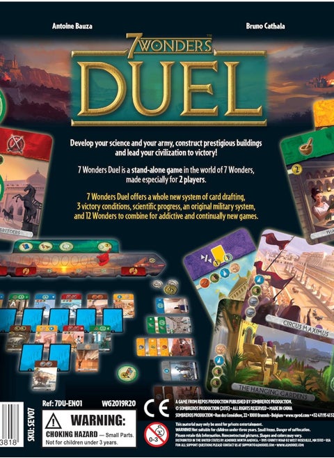 In many ways, 7 Wonders: Duel is similar to its parent game 7 Wonders where players over the age of three are given cards that provide resources or advance their military or scientific development in order to develop a civilization and complete wonders. What differs from 7 Wonders: Duel is that, as the title suggests, the game is for two players only, with players not drafting a card at a time from a hand of cards, but by displaying cards face down and face up in order at the start of the round. A player can only take a card if it is not covered by any other card, so timing comes into play as well as additional moves that allow you to take a second card immediately.