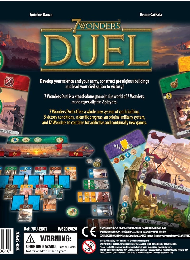 In many ways, 7 Wonders: Duel is similar to its parent game 7 Wonders where players over the age of three are given cards that provide resources or advance their military or scientific development in order to develop a civilization and complete wonders. What differs from 7 Wonders: Duel is that, as the title suggests, the game is for two players only, with players not drafting a card at a time from a hand of cards, but by displaying cards face down and face up in order at the start of the round. A player can only take a card if it is not covered by any other card, so timing comes into play as well as additional moves that allow you to take a second card immediately.