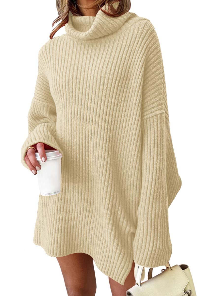 LILLUSORY Womens Turtleneck Oversized Long Sweater Dress 2026 Plus Size Tunic Pullover Knit Winter Dresses Apricot L - Image 1