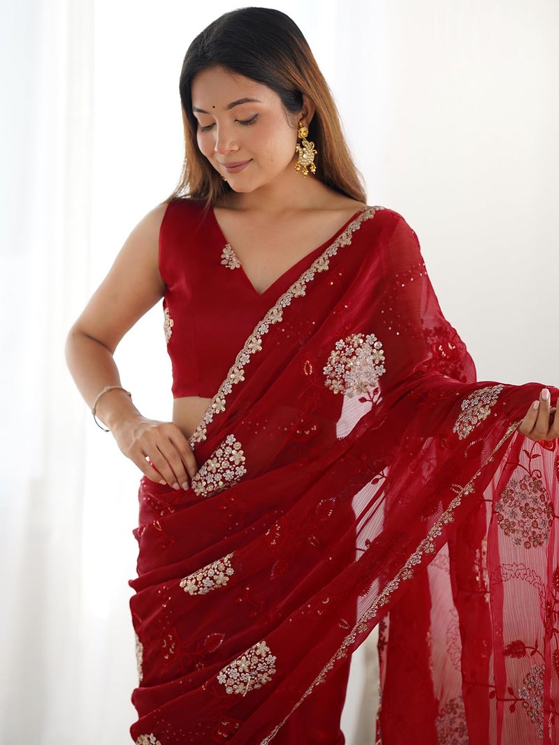 Satrani Women's Shimmer Chiffon Embroidery And Sequin Work Saree with Unstitched Blouse Piece (4136S152N_Red) - Image 4