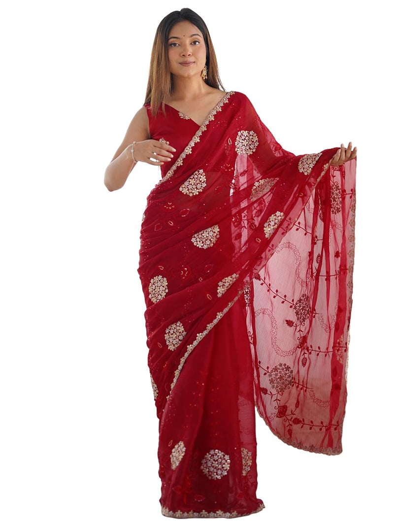 Satrani Women's Shimmer Chiffon Embroidery And Sequin Work Saree with Unstitched Blouse Piece (4136S152N_Red) - Image 1
