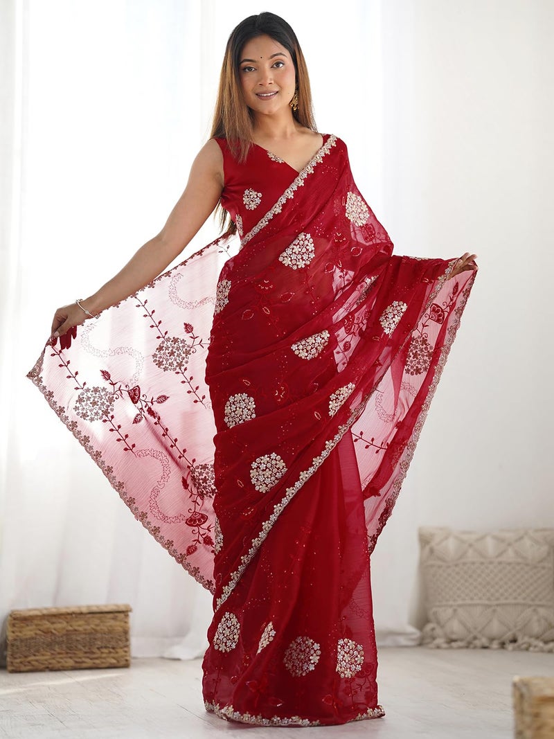 Satrani Women's Shimmer Chiffon Embroidery And Sequin Work Saree with Unstitched Blouse Piece (4136S152N_Red) - Image 2
