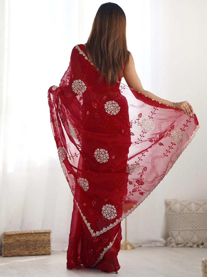 Satrani Women's Shimmer Chiffon Embroidery And Sequin Work Saree with Unstitched Blouse Piece (4136S152N_Red) - Image 3