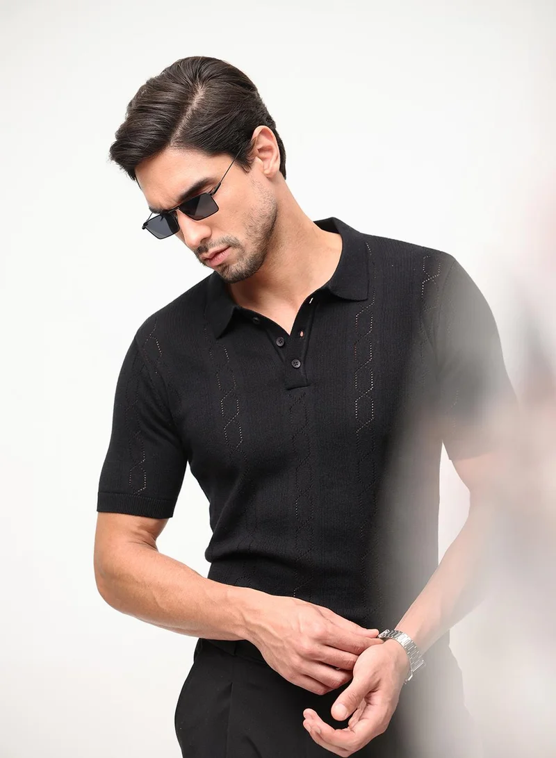 Dennis Lingo Black 100% Cotton Textured Relaxed Polo T-Shirt For Men