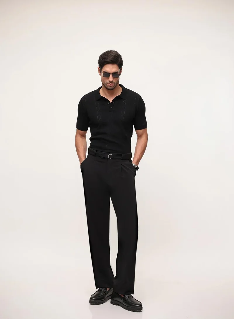 Dennis Lingo Black 100% Cotton Textured Relaxed Polo T-Shirt For Men