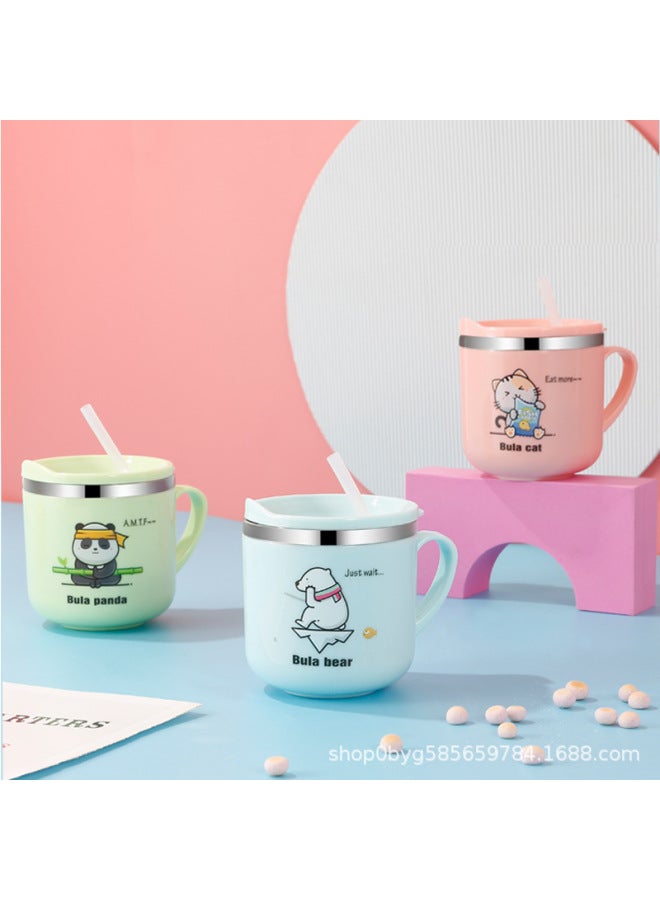 304 Stainless Steel Children's Straw Cup Baby Creative Cup Anti-scald Double Layer Heat Insulation Belt Cover With Handle Portable-Color:Nordic Green With Straw-Capacity:Children's Water Cup  - Image 2