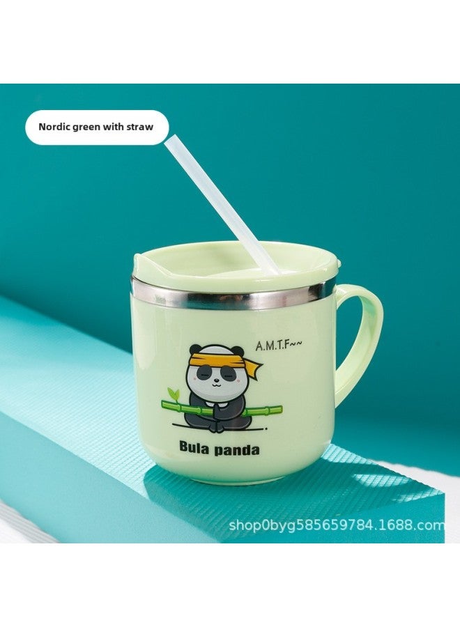 304 Stainless Steel Children's Straw Cup Baby Creative Cup Anti-scald Double Layer Heat Insulation Belt Cover With Handle Portable-Color:Nordic Green With Straw-Capacity:Children's Water Cup  - Image 1