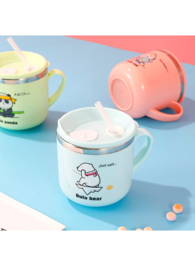 304 Stainless Steel Children's Straw Cup Baby Creative Cup Anti-scald Double Layer Heat Insulation Belt Cover With Handle Portable-Color:Nordic Green With Straw-Capacity:Children's Water Cup  - Image 3