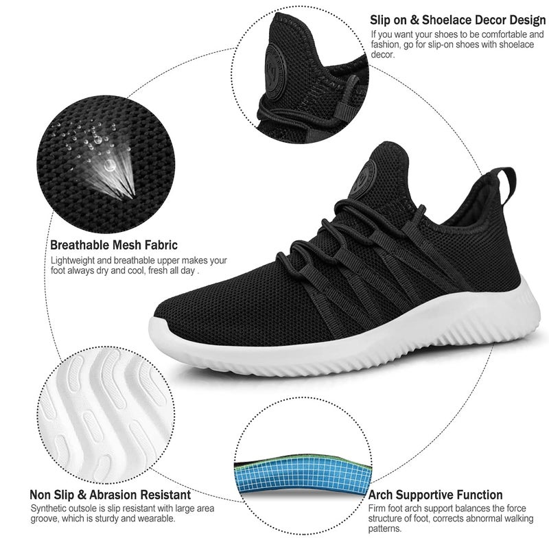 Feethit Womens Slip On Running Shoes Non Slip Walking Shoes Lightweight Gym Workout Shoes Breathable Fashion Sneakers All Black White Size 7.5 - Image 4