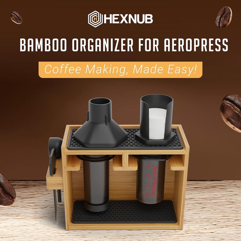 HEXNUB Store منظم الخيزران لأيرو بريس، محطة تخزين القهوة تحمل ماكينة قهوة أيرو بريس، الملحقات، الفلاتر، الأكواب، الحامل يشمل حصائر التنقيط (أسود) - Image 2