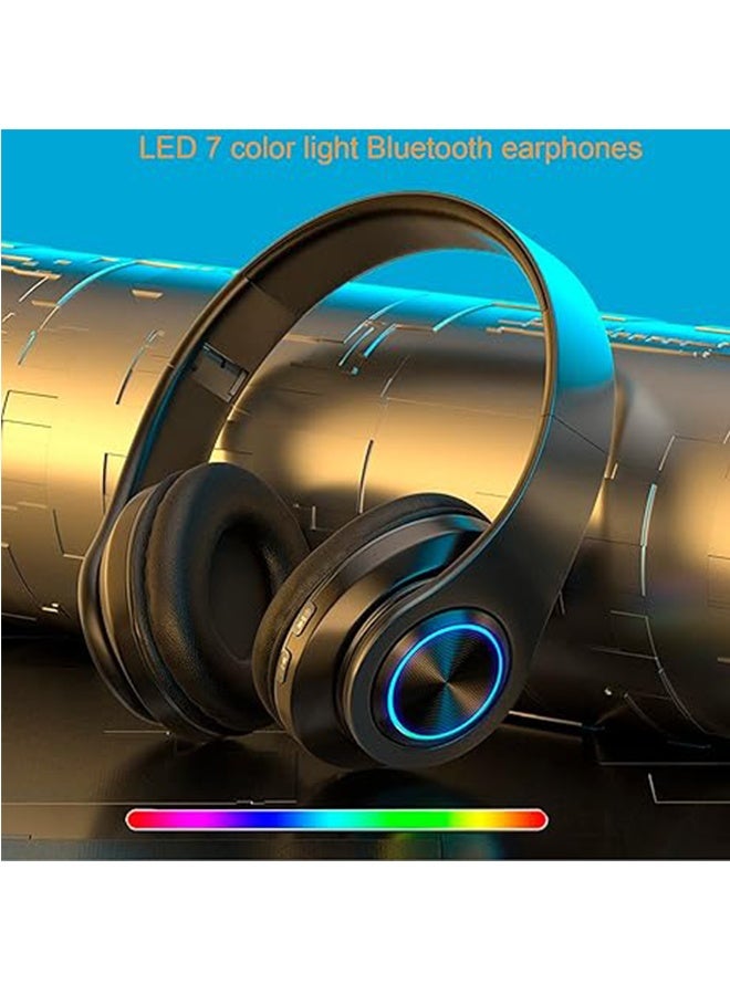 Wireless Bluetooth Headset with Color LED Light, Built-in Microphone, Lightweight, Foldable, Wired Hi-Fi Stereo Headset for Classroom/Home Office/PC/Cell Phone/Kids Adult (Black) - Image 1