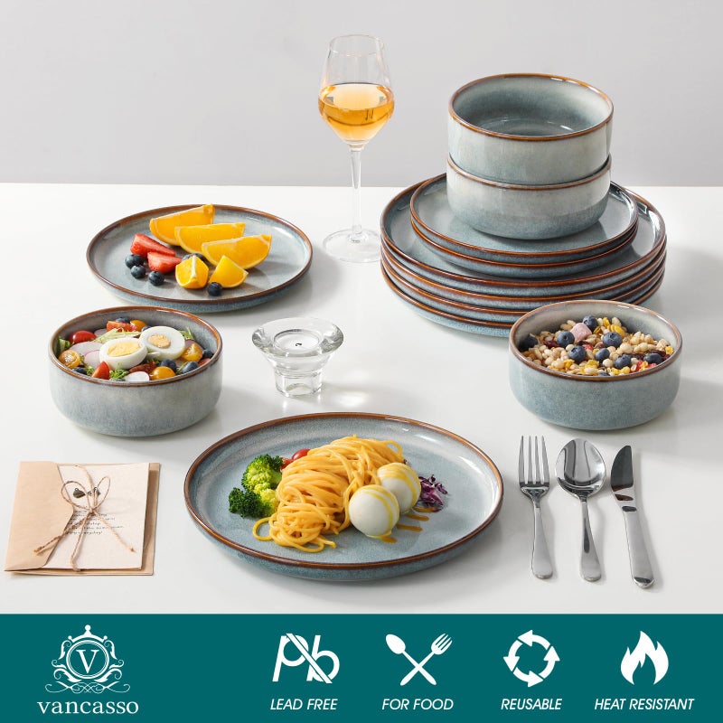 vancasso PLAYA Plates and Bowls Sets, 12 Pieces Light-Blue Dinnerware Sets for Kitchen, Reactive Glaze Dishes Set for 4, Dishwasher and Microwave Safe - Image 3