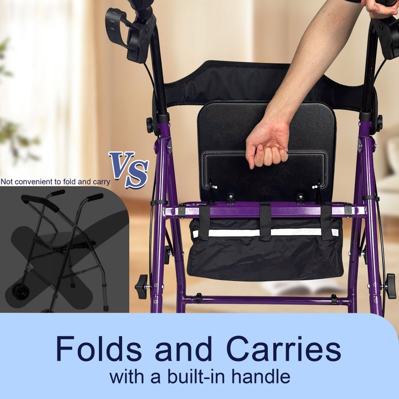 Retaoldth Foldable Rollator Walker with Seat for Seniors, Easy Folding & One-Hand Carry, Walkers for Seniors-All-Terrain Wheels, Height Adjustable Lightweight Rolling Walker for Elderly, Purple - Image 2