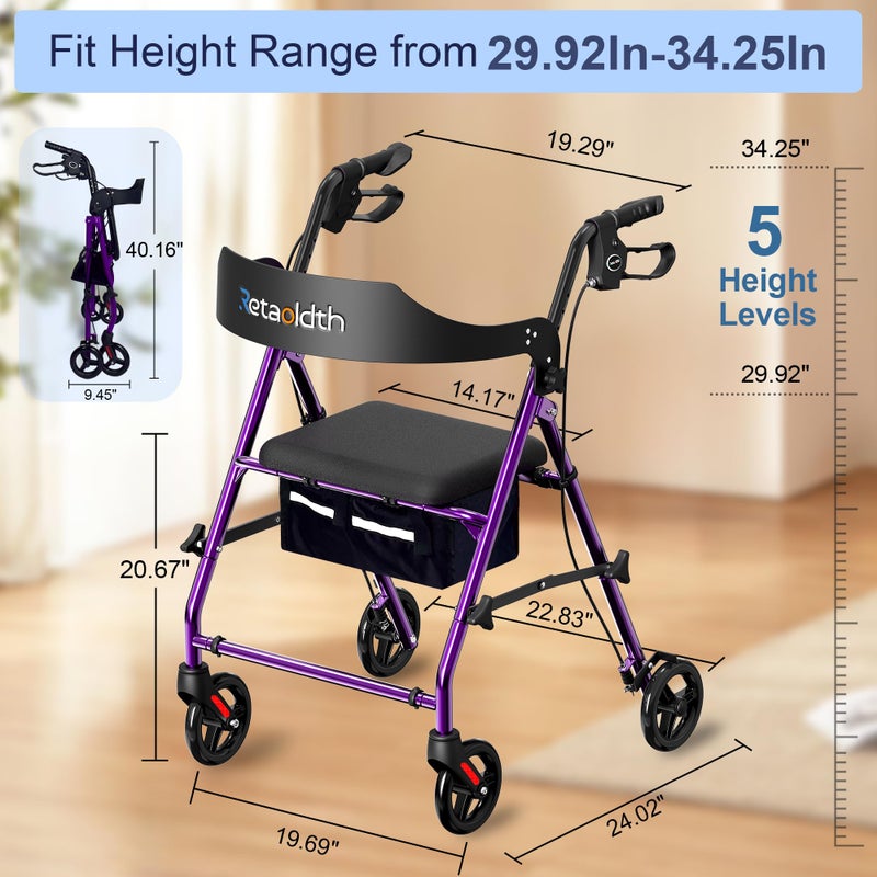 Retaoldth Foldable Rollator Walker with Seat for Seniors, Easy Folding & One-Hand Carry, Walkers for Seniors-All-Terrain Wheels, Height Adjustable Lightweight Rolling Walker for Elderly, Purple - Image 5