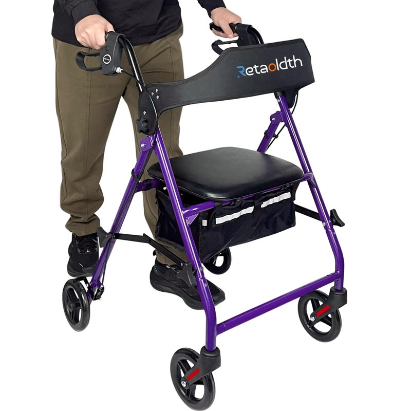 Retaoldth Foldable Rollator Walker with Seat for Seniors, Easy Folding & One-Hand Carry, Walkers for Seniors-All-Terrain Wheels, Height Adjustable Lightweight Rolling Walker for Elderly, Purple - Image 1